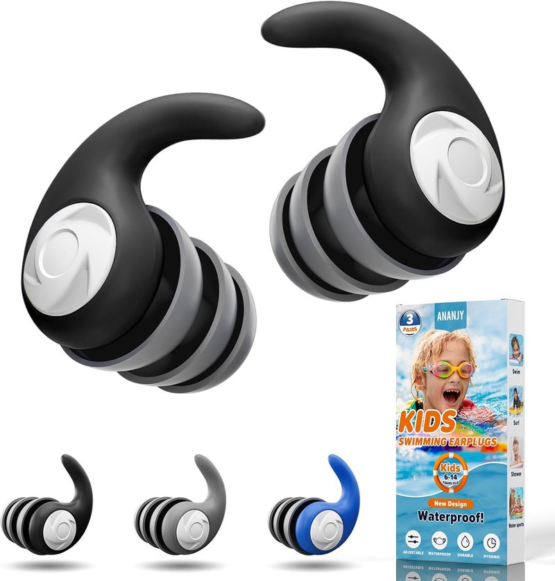 ANANJY Waterproof Swimming Ear Plugs for Kids - 3 Pairs of Reusable Soft Silicone Swim Earplugs,Ear Protection for Children (4-12 Years Old) - Ideal for Surfing, Diving, Pool, Showering, and Water Sports - Image 1